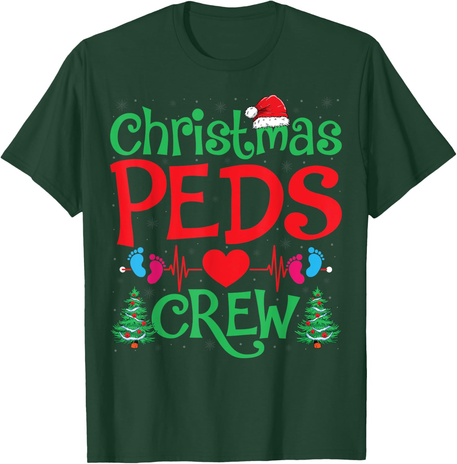 Christmas PEDS Crew Santa Hat Xmas Tree Pediatric Nurse T-Shirt - T-Shirt | Forest