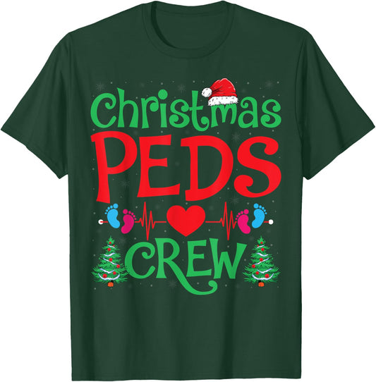 Christmas PEDS Crew Santa Hat Xmas Tree Pediatric Nurse T-Shirt - T-Shirt | Forest