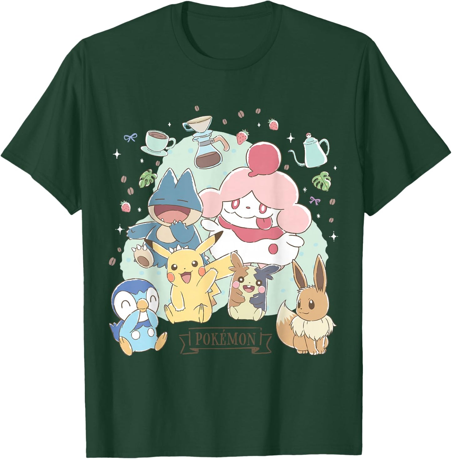 Pokémon - Cafe Pika Eevee Piplup Munchlax Morpeko Slurpuff T-Shirt - T-Shirt | Forest