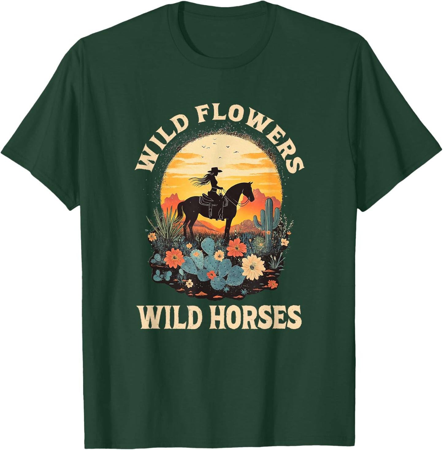 Western Sunset Cowgirl Riding Horse Wild Flowers Wild Horses T-Shirt - T-Shirt | Forest