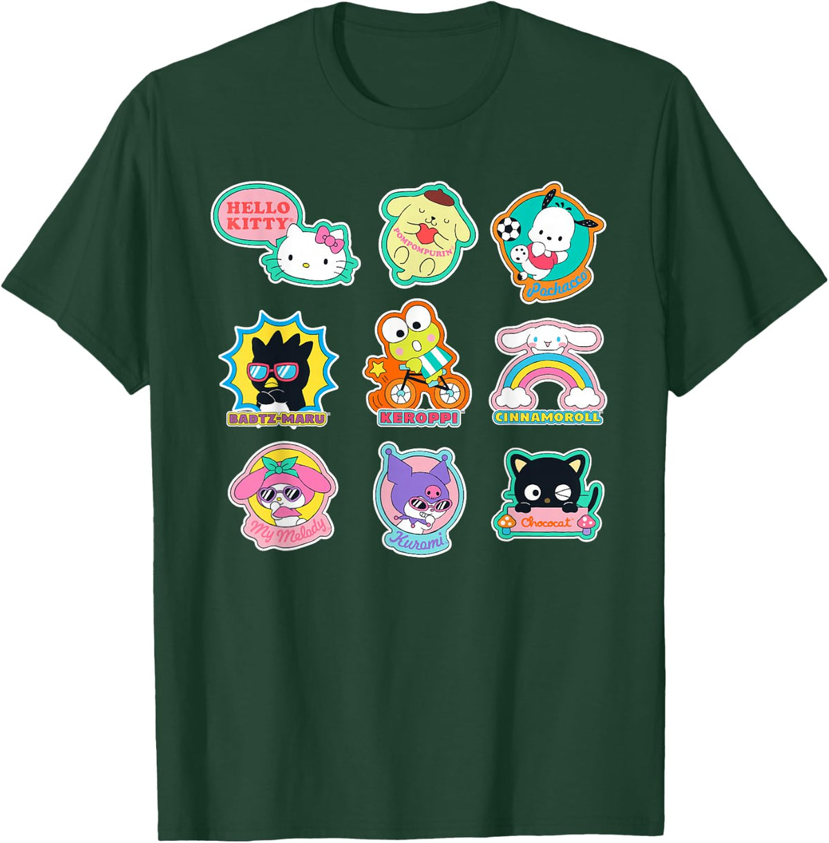 SANRIO Hello Kitty and Friends Supercute Stickers Adult Child Black Small Classic Fit Short Sleeve Cotton 60% Polyester 40% T-Shirt - T-Shirt | Forest