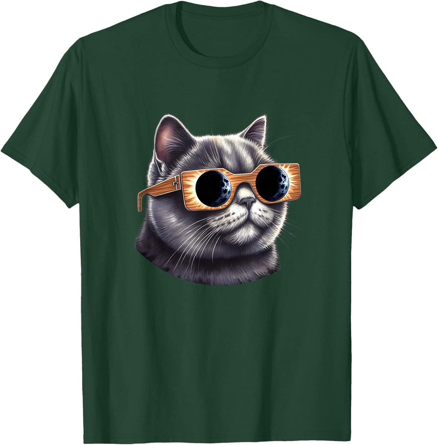 British Short Hair Cat with Solar Eclipse Glasses T-Shirt - T-Shirt | Forest
