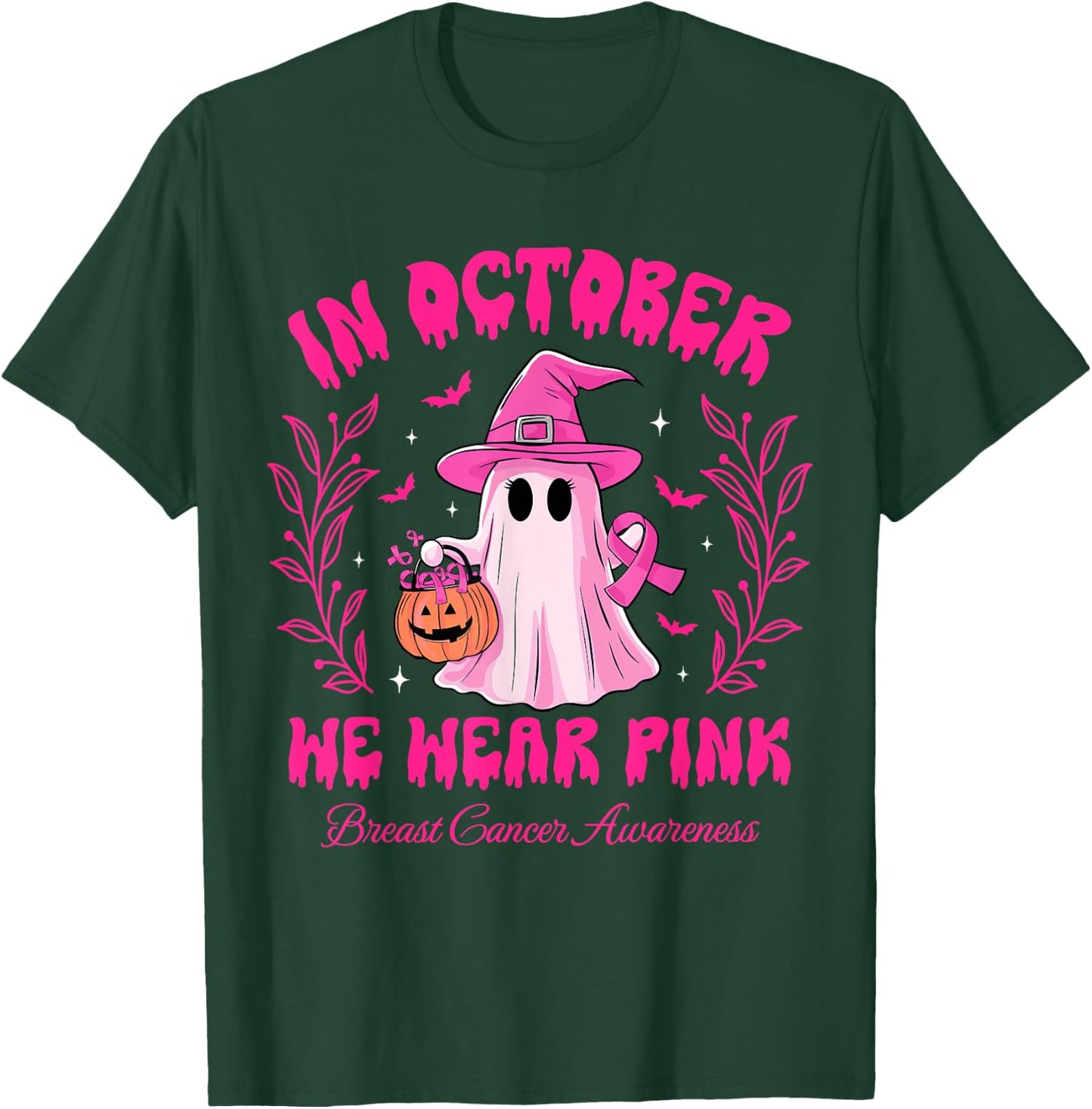 In October We Wear Pink Breast Cancer Awareness Halloween T-Shirt - T-Shirt | Forest