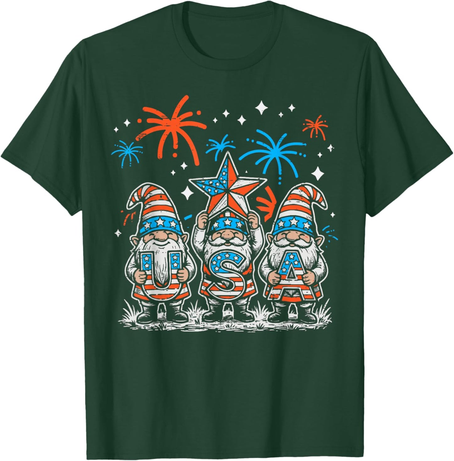 4th of July Gnomes USA Fireworks Patriotic Men Women Kids T-Shirt - T-Shirt | Forest