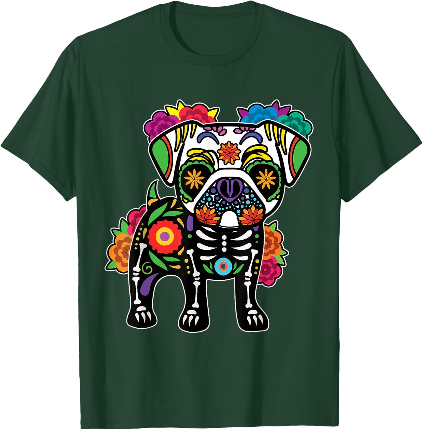 Dog Pug Floral Skeleton Day of Dead Dia De Los Muertos T-Shirt - T-Shirt | Forest