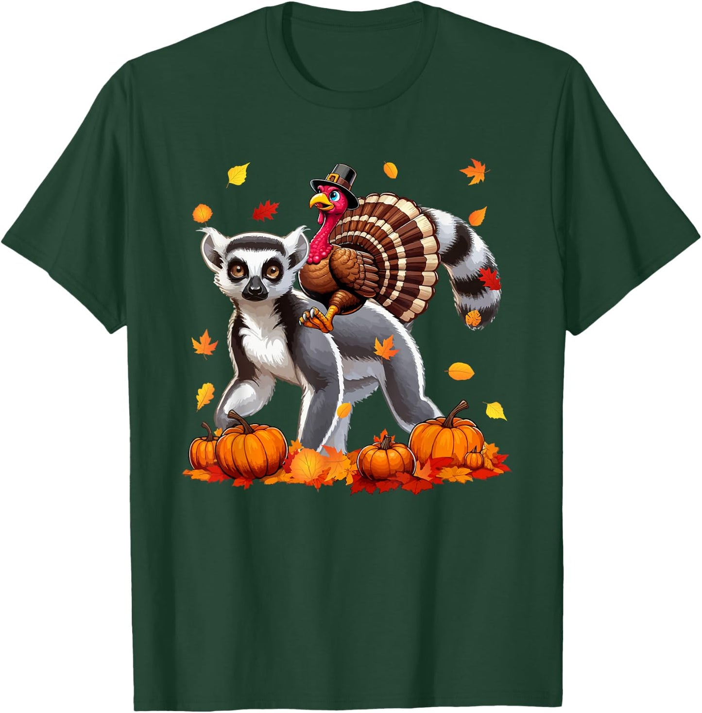 Turkey Riding Lemur Thanksgiving Fall Leaves Pumpkins T-Shirt - T-Shirt | Forest