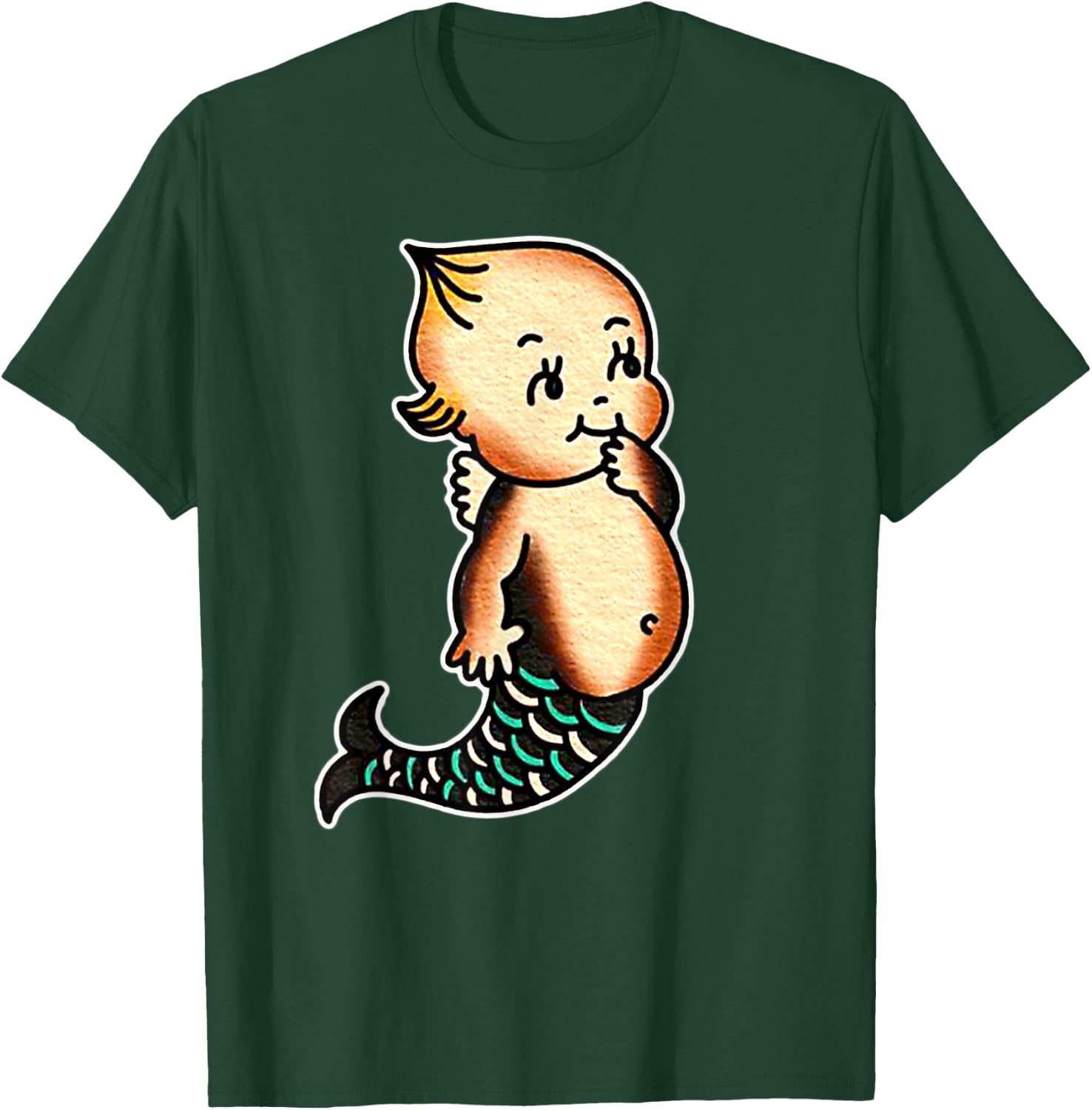 Kewpie Baby Mermaid Traditional Tattoo Flash T-Shirt - T-Shirt | Forest