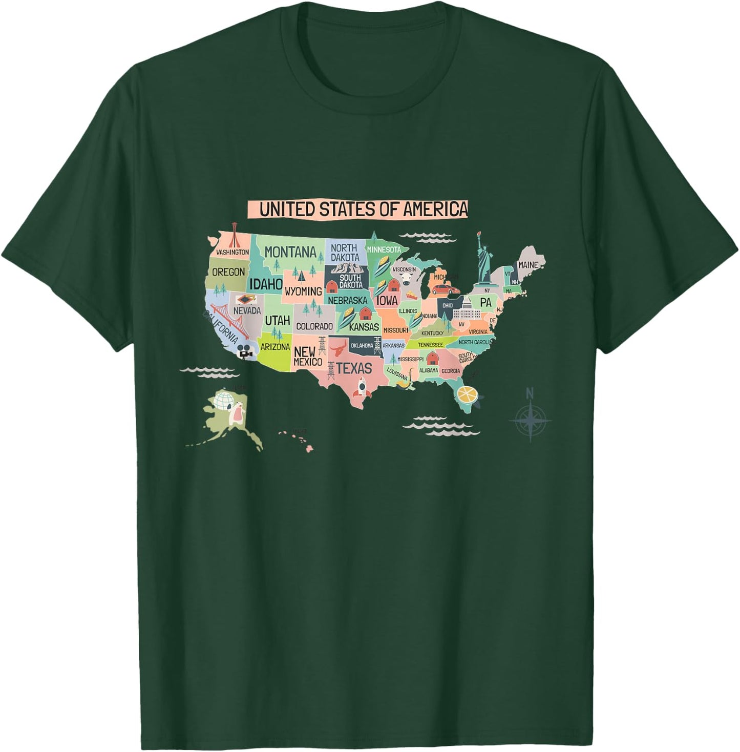 United States America Educational USA Wonders & States Map T-Shirt - T-Shirt | Forest