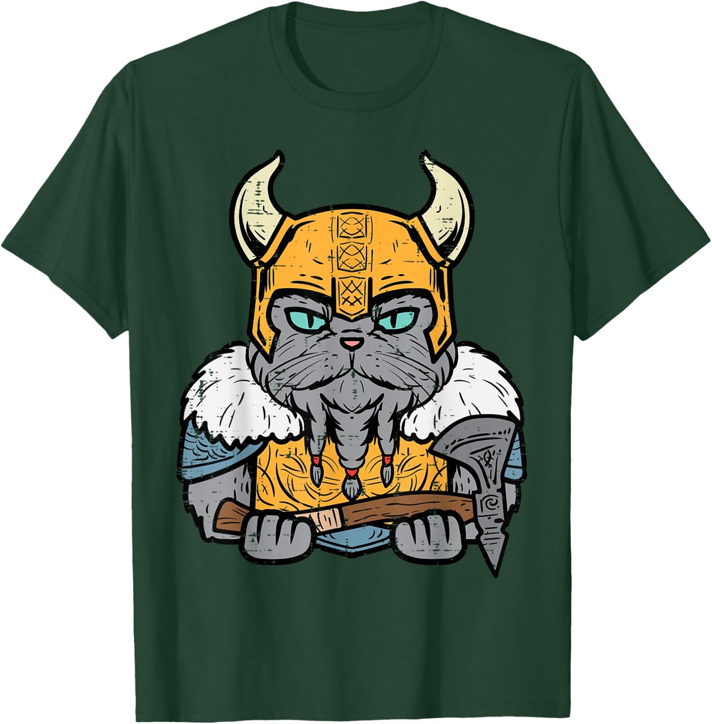 Viking Cat Axe Norse Mythology Kitten Women Girls Kids Men T-Shirt - T-Shirt | Forest