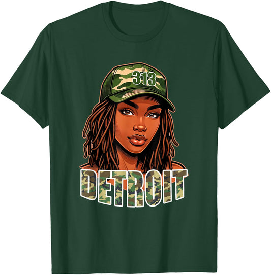 Detroit 313 Camo Hat Black Woman Locs T-Shirt - T-Shirt | Forest