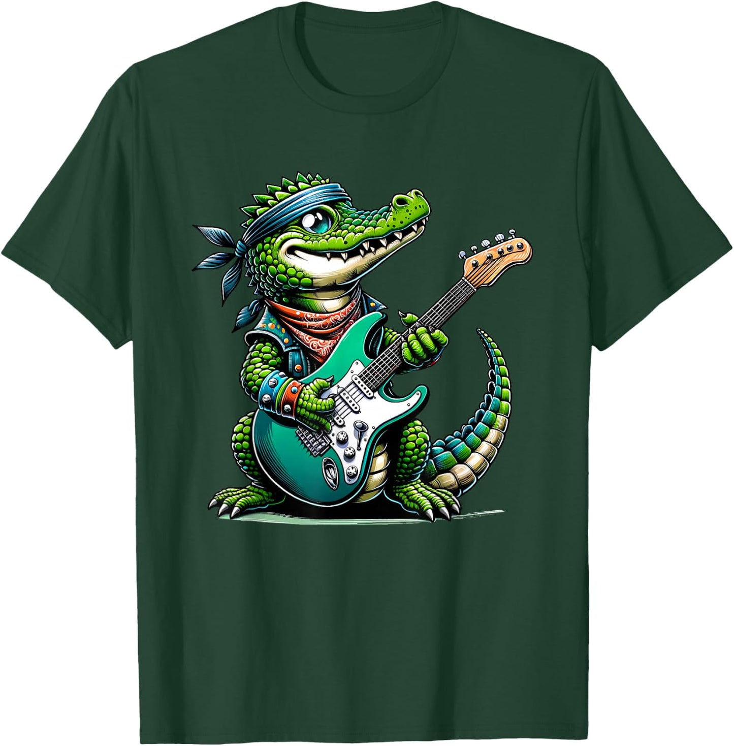 Crocodile Rock Star: Playful Guitar-Playing Alligator T-Shirt - T-Shirt | Forest