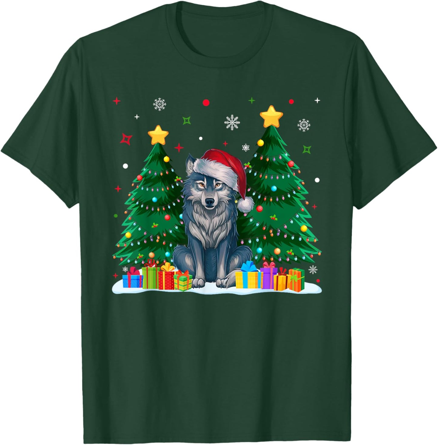 Funny Animal Lovers Wolf Santa Hat Ugly Christmas Sweater T-Shirt - T-Shirt | Forest