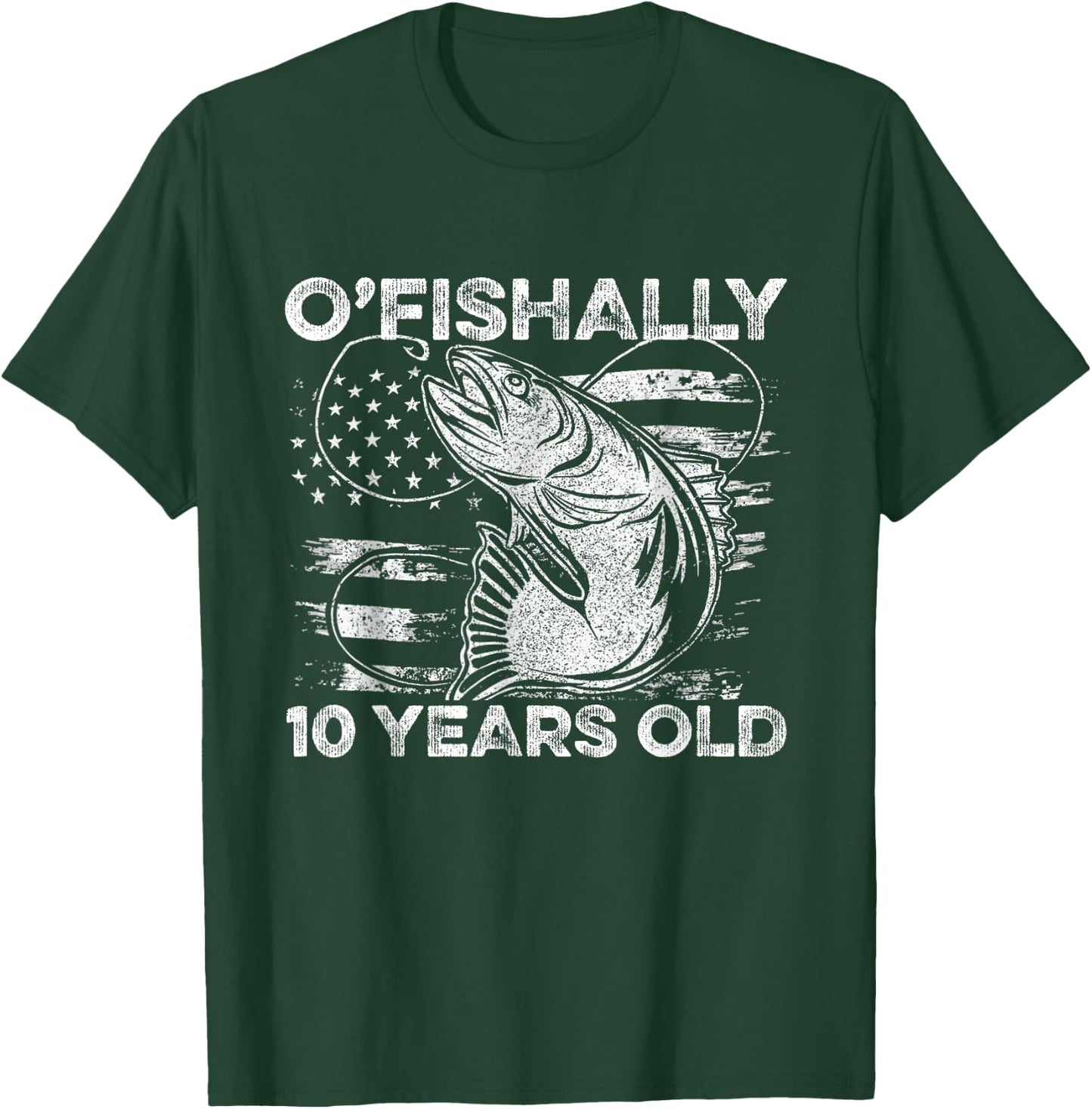 Ofishally 10 Year Old Shirt 10th Birthday Fishing US Flag T-Shirt - T-Shirt | Forest