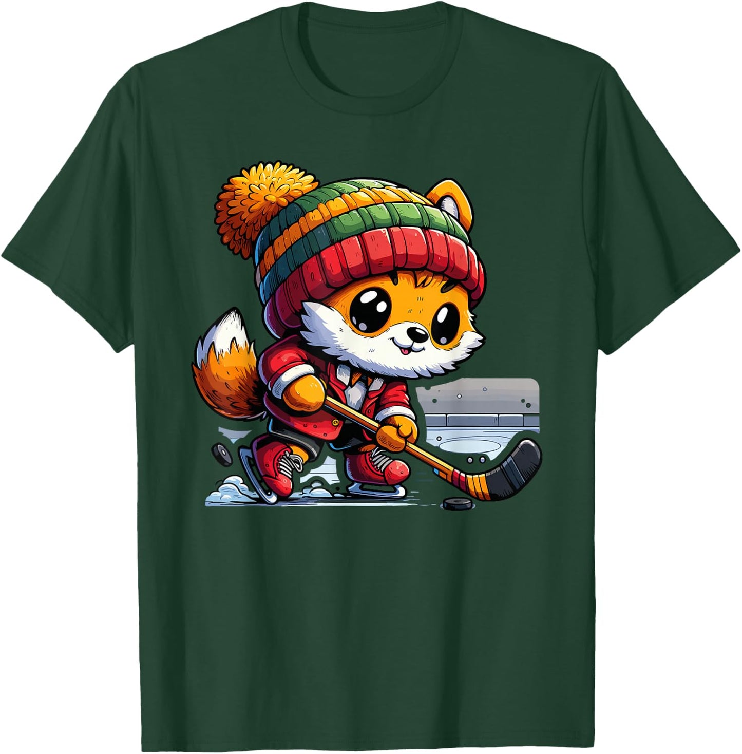 Cute Fox Playing Ice Hockey Skating Winter Sports Player T-Shirt - T-Shirt | Forest