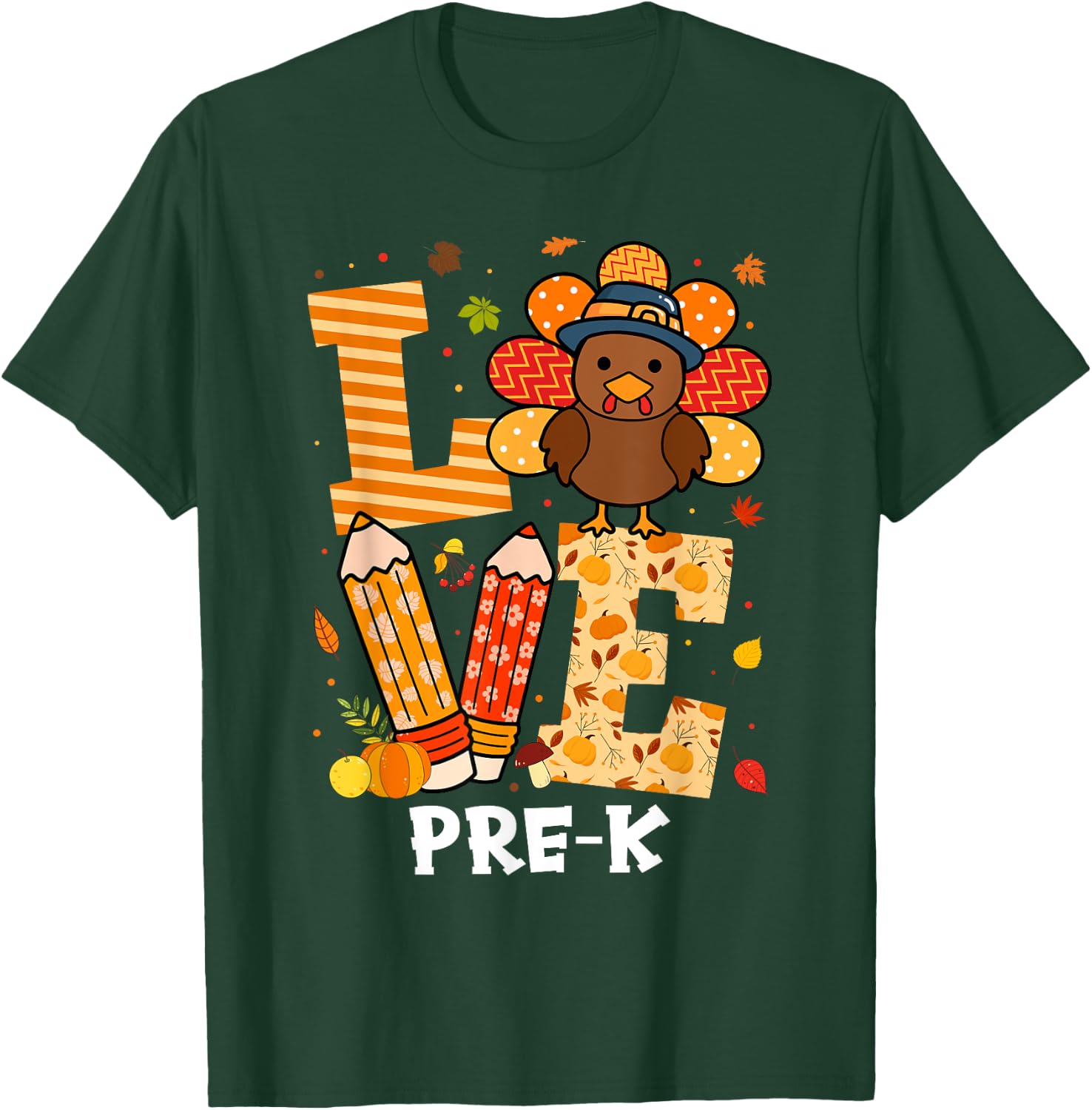 Thanksgiving Love Pre-K Teacher Turkey Autumn Fall Women Girls Kids T-Shirt - T-Shirt | Forest