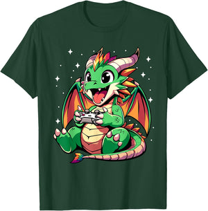 Cute Dragon Playing Video Games - Funny Gamer Boys Kids T-Shirt - T-Shirt | Forest