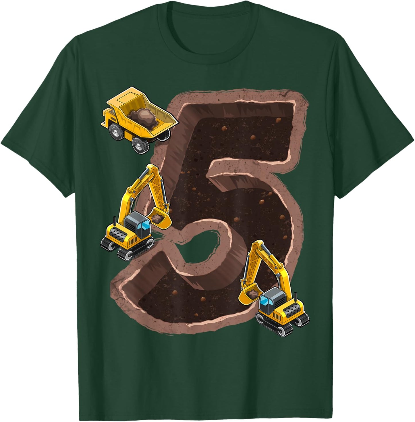 5th Birthday Excavator Construction Vehicles Party Gift Boys T-Shirt - T-Shirt | Forest