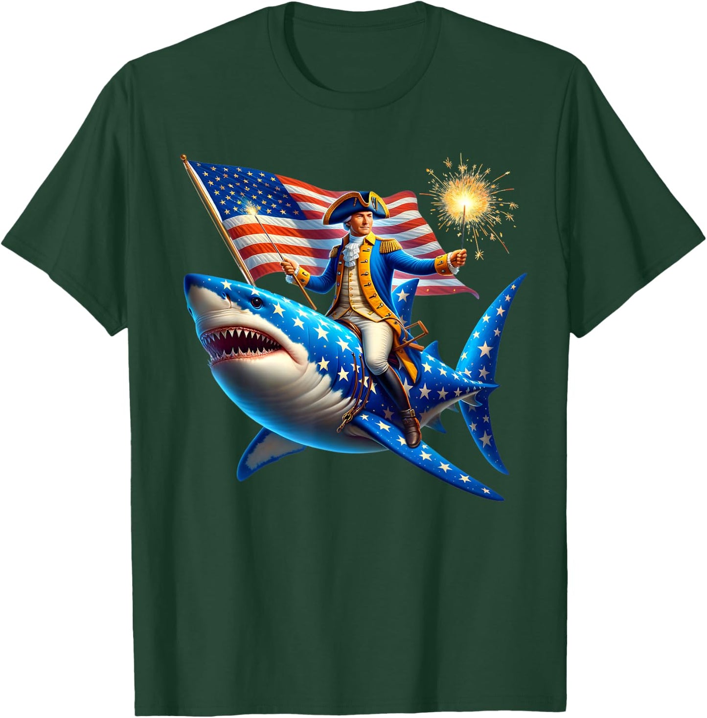 Washington Riding Shark Funny July 4th American Flag Patriot Men T-Shirt - T-Shirt | Forest