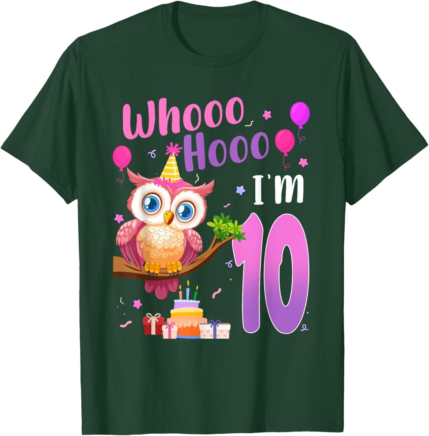 Whooo Hooo I’m 10 Year Old Cute Owl 10th Birthday Girl T-Shirt - T-Shirt | Forest