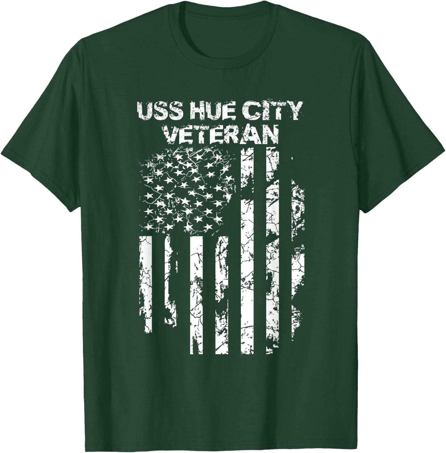 USS Hue City Military Veteran Distressed USA Flag T-Shirt - T-Shirt | Forest