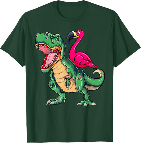 Flamingo Riding Dinosaur T rex Funny Flamingo Tyrannosaurus T-Shirt - T-Shirt | Forest