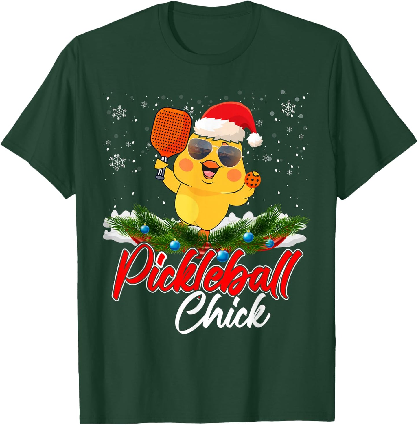 Pickleball Chick Funny Santa Hat Sunglass Snowflakes Xmas T-Shirt - T-Shirt | Forest