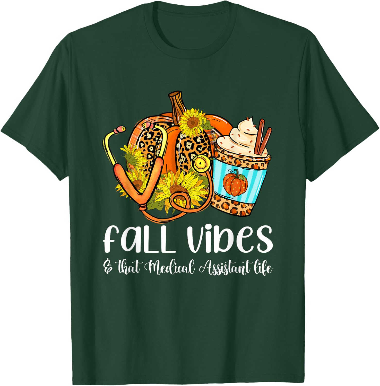 Fall Vibes & That Medical Assistant Life Leopard Pumpkin T-Shirt - T-Shirt | Forest