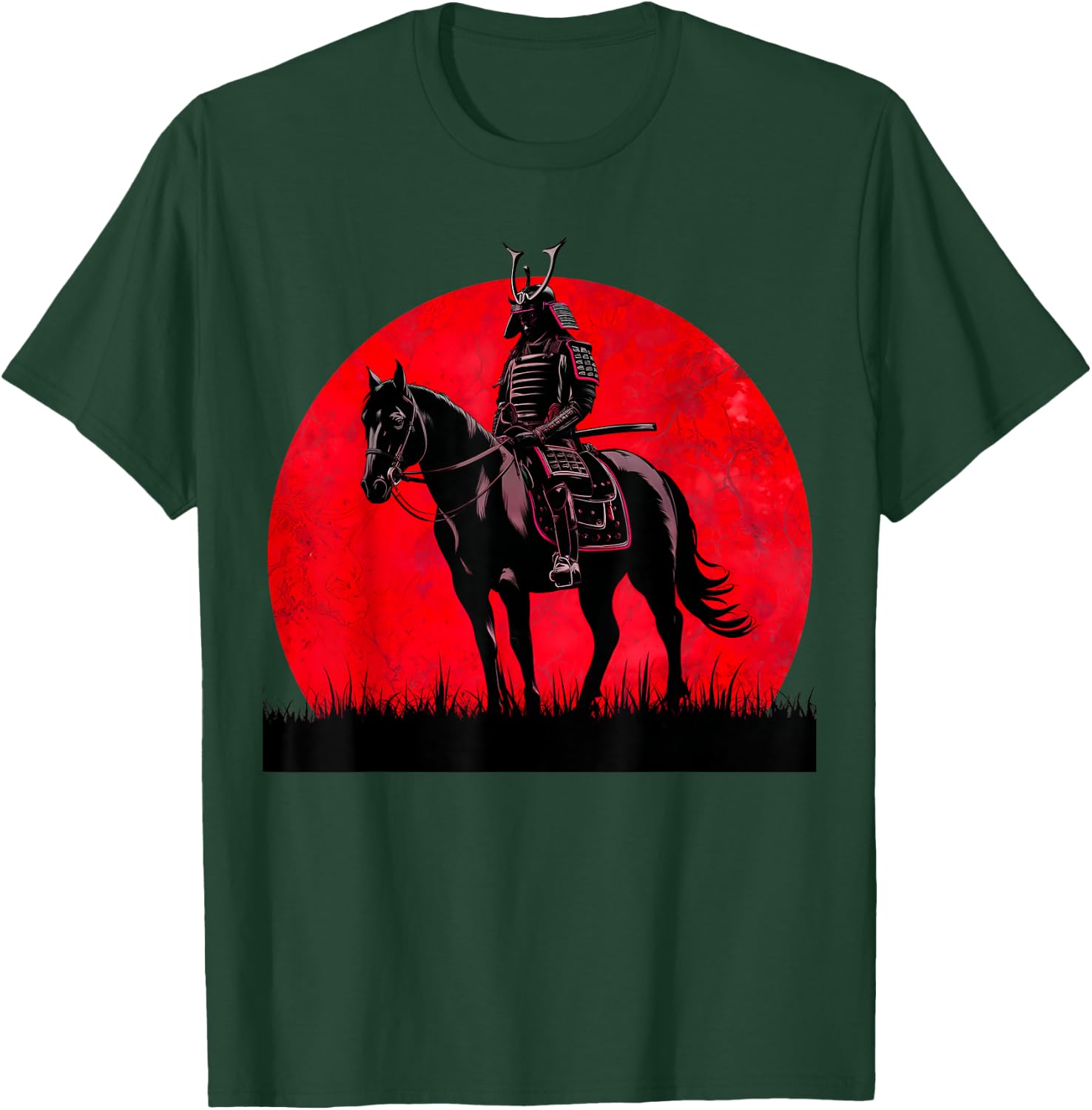 Japanese Samurai Warrior Riding Horse Sword Bushido Moon T-Shirt - T-Shirt | Forest