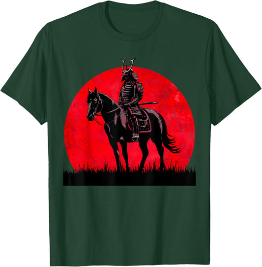 Japanese Samurai Warrior Riding Horse Sword Bushido Moon T-Shirt - T-Shirt | Forest