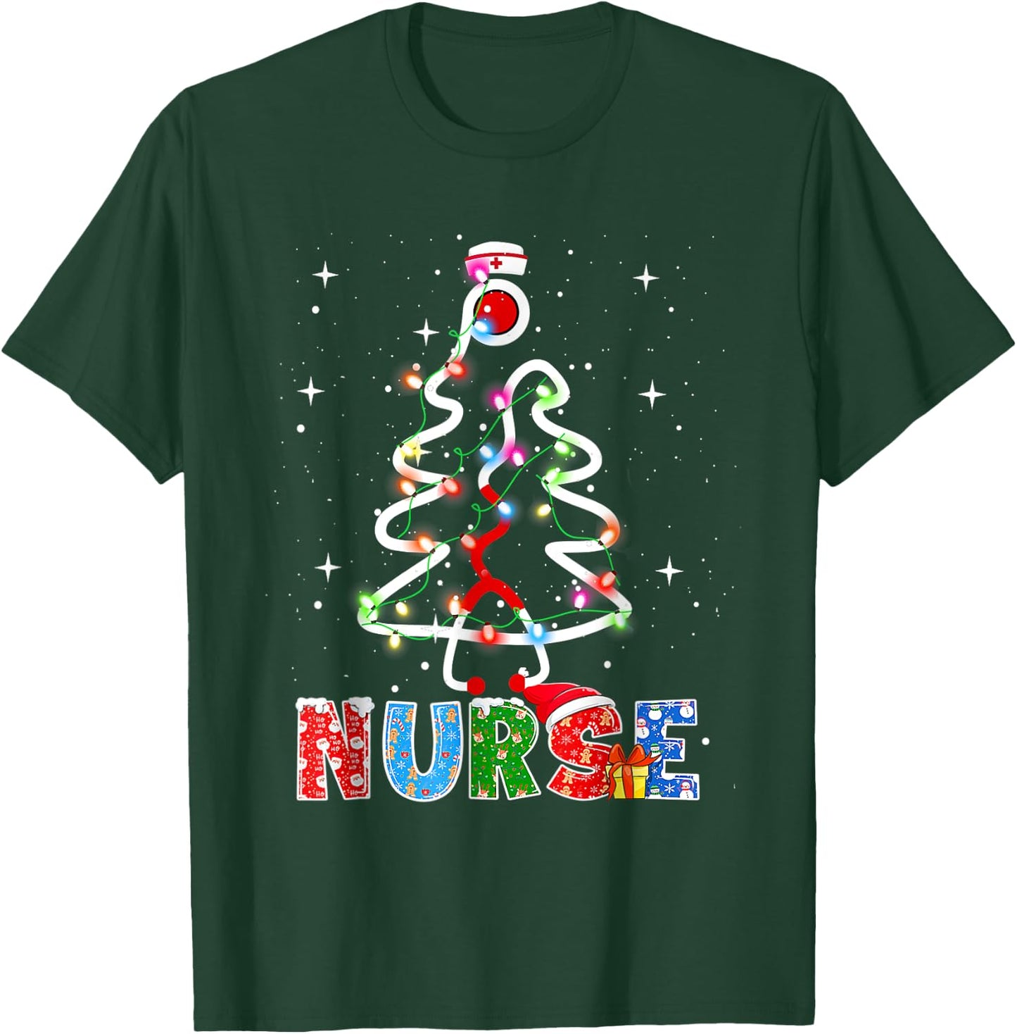Nurse Christmas Tree Stethoscope RN LPN Scrub Nursing X-mas T-Shirt - T-Shirt | Forest