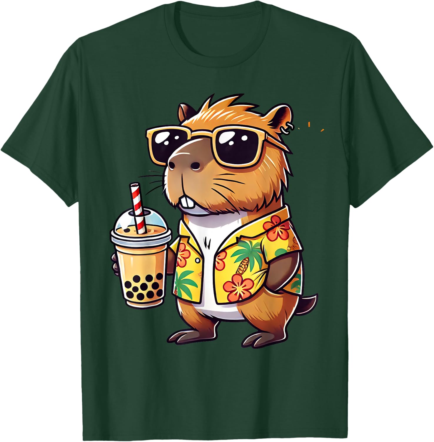 Funny Capybara Summer Hawaii Boba Tea Sunglass Men Women T-Shirt - T-Shirt | Forest