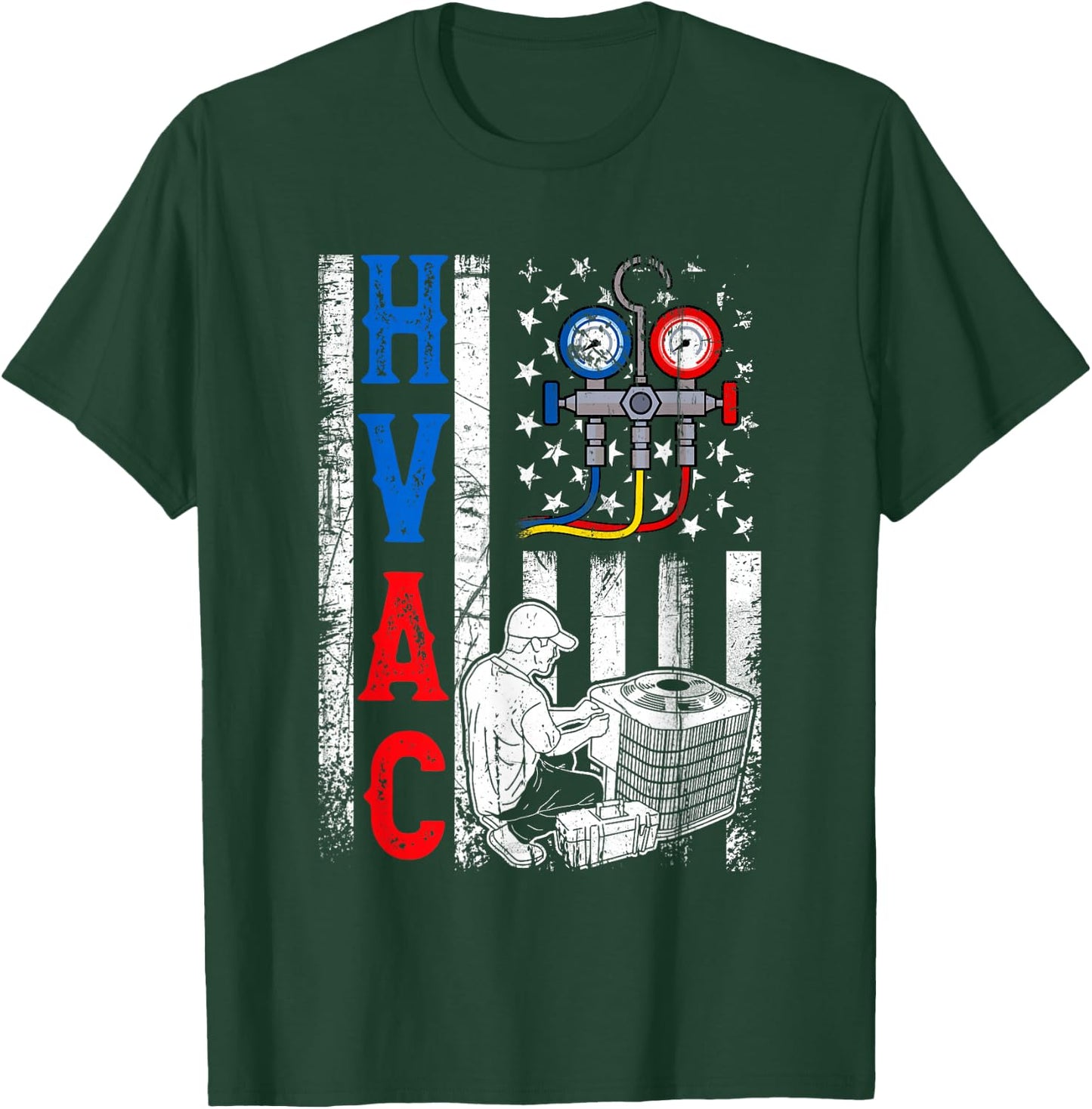 Distressed Proud USA HVAC Tech American Flag HVAC Technician T-Shirt - T-Shirt | Forest