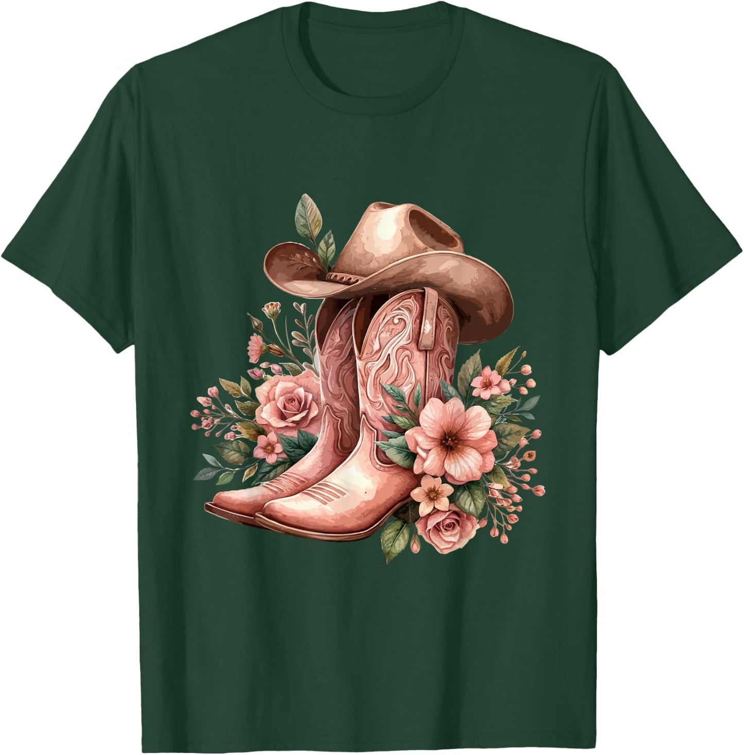 Boho Watercolor Cowgirl Boots Hat Floral Boots Western Boots T-Shirt - T-Shirt | Forest