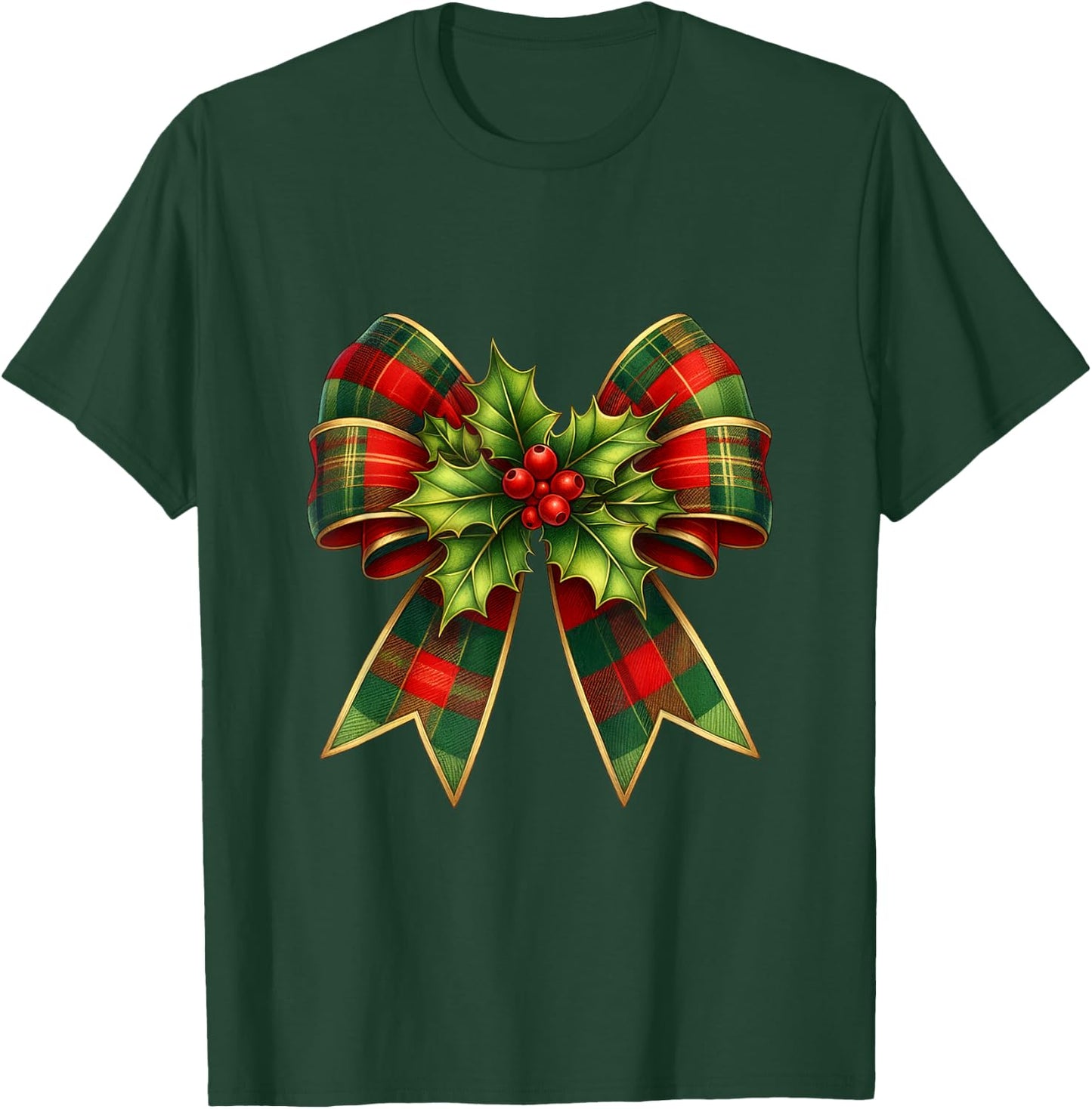 Holly Berries Christmas Coquette Bow Xmas Plaid Women Girls T-Shirt - T-Shirt | Forest