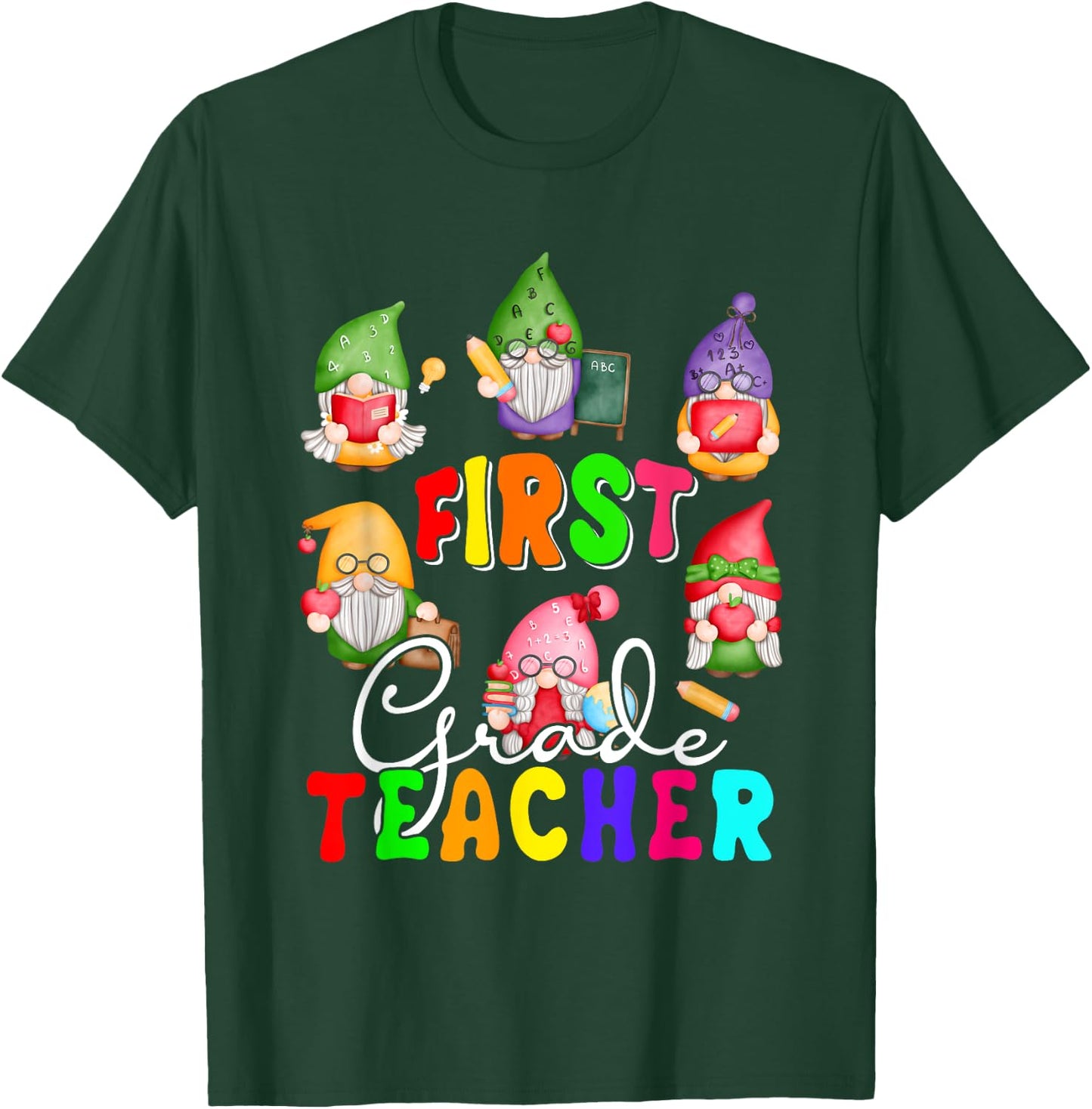 First Grade Teacher Cute Gnomes Holding Books Pencils T-Shirt - T-Shirt | Forest