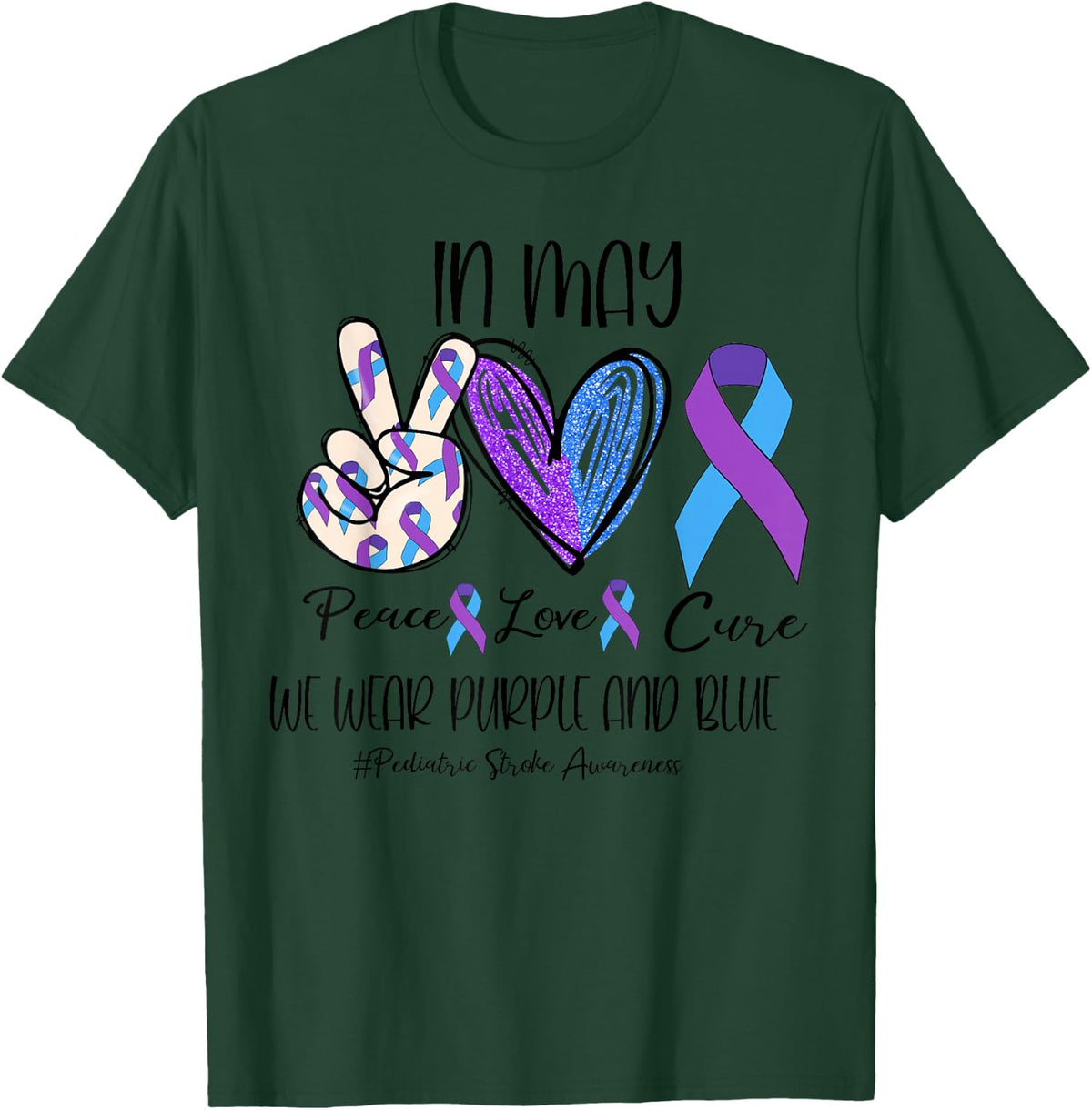 Peace Love Cure Purple and Blue Pediatric Stroke Awareness T-Shirt - T-Shirt | Forest