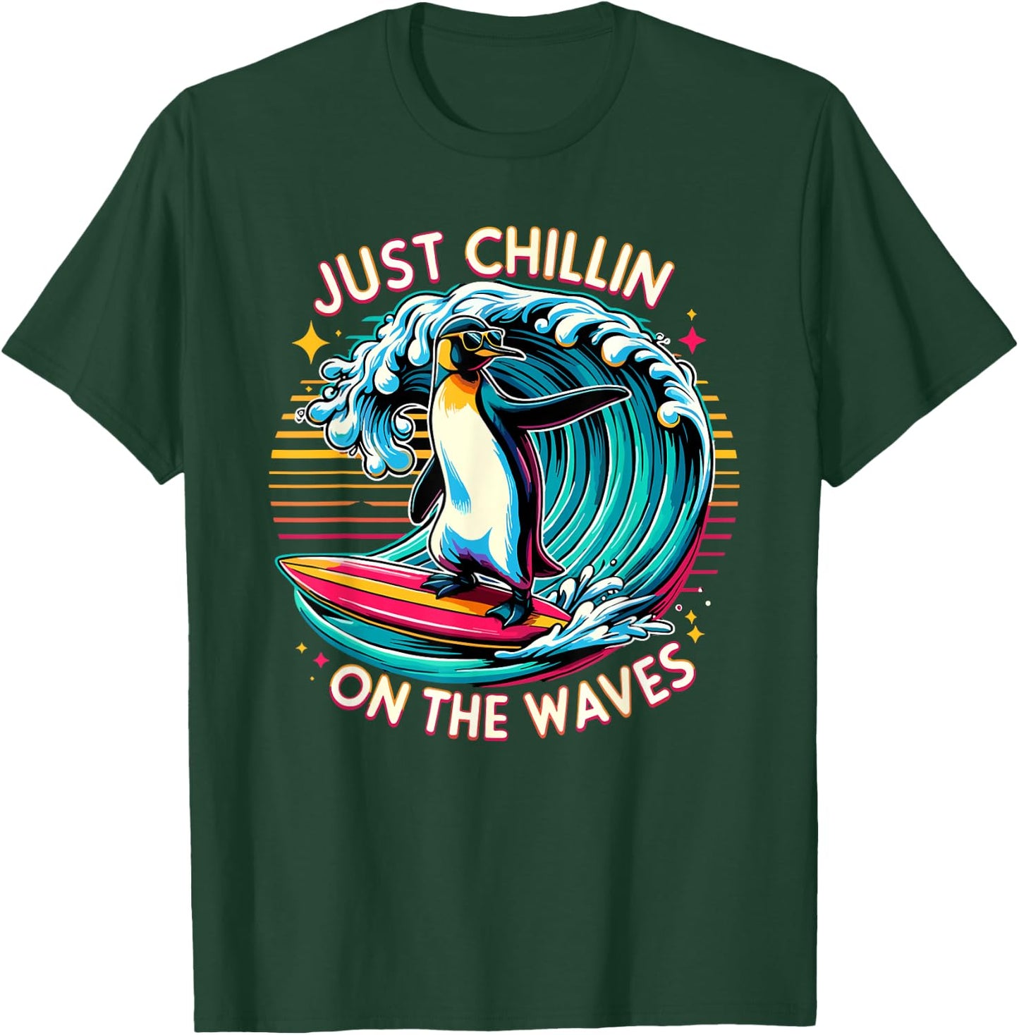 Just Chillin' On The Waves Funny Surfing Penguin Design T-Shirt - T-Shirt | Forest