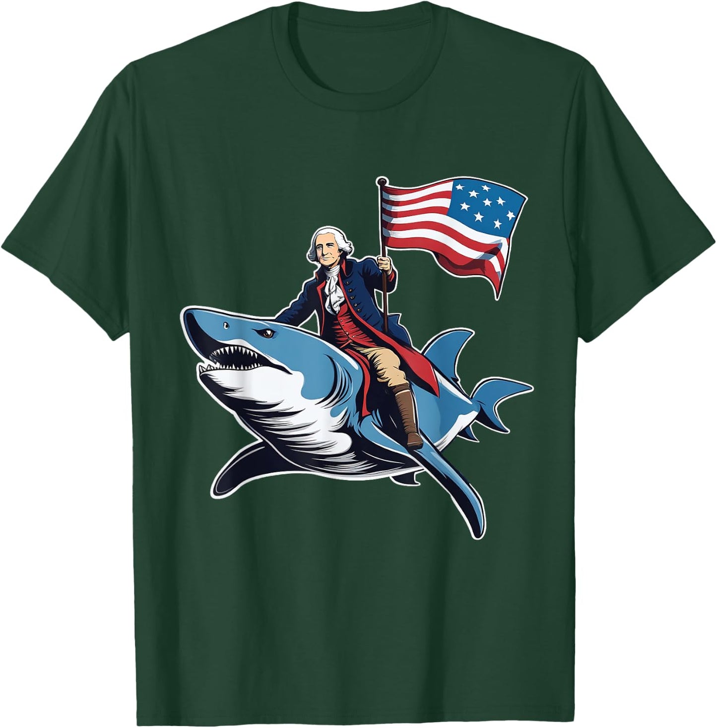 Awesome Patriotic George Washington 4th Of July Shark Riding Women Kids Men T-Shirt - T-Shirt | Forest