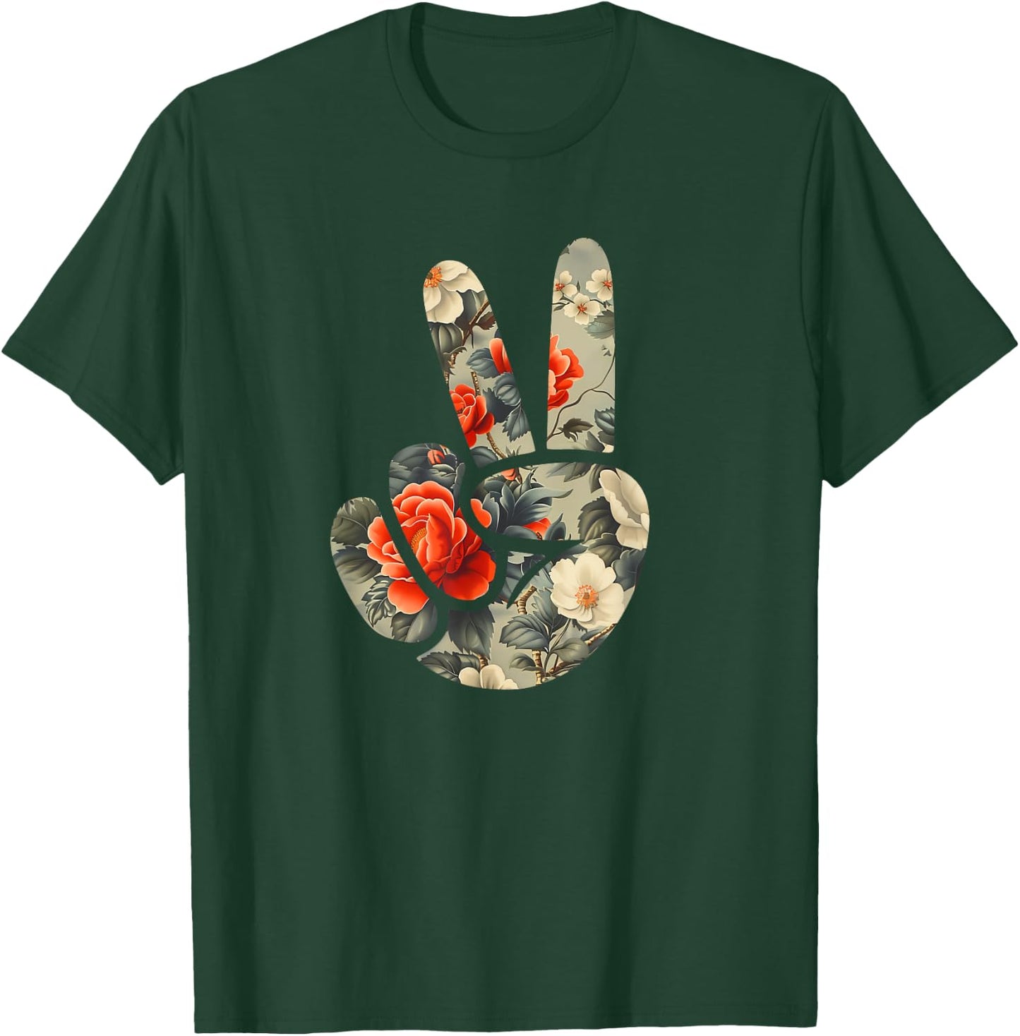 Elegant Silhouette Wildflowers Floral Peace Sign Hand T-Shirt - T-Shirt | Forest