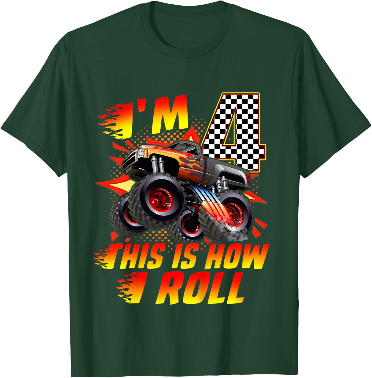 Kids I'm 4 This Is How I Roll Monster Truck Car 4th Birthday Boys T-Shirt - T-Shirt | Forest