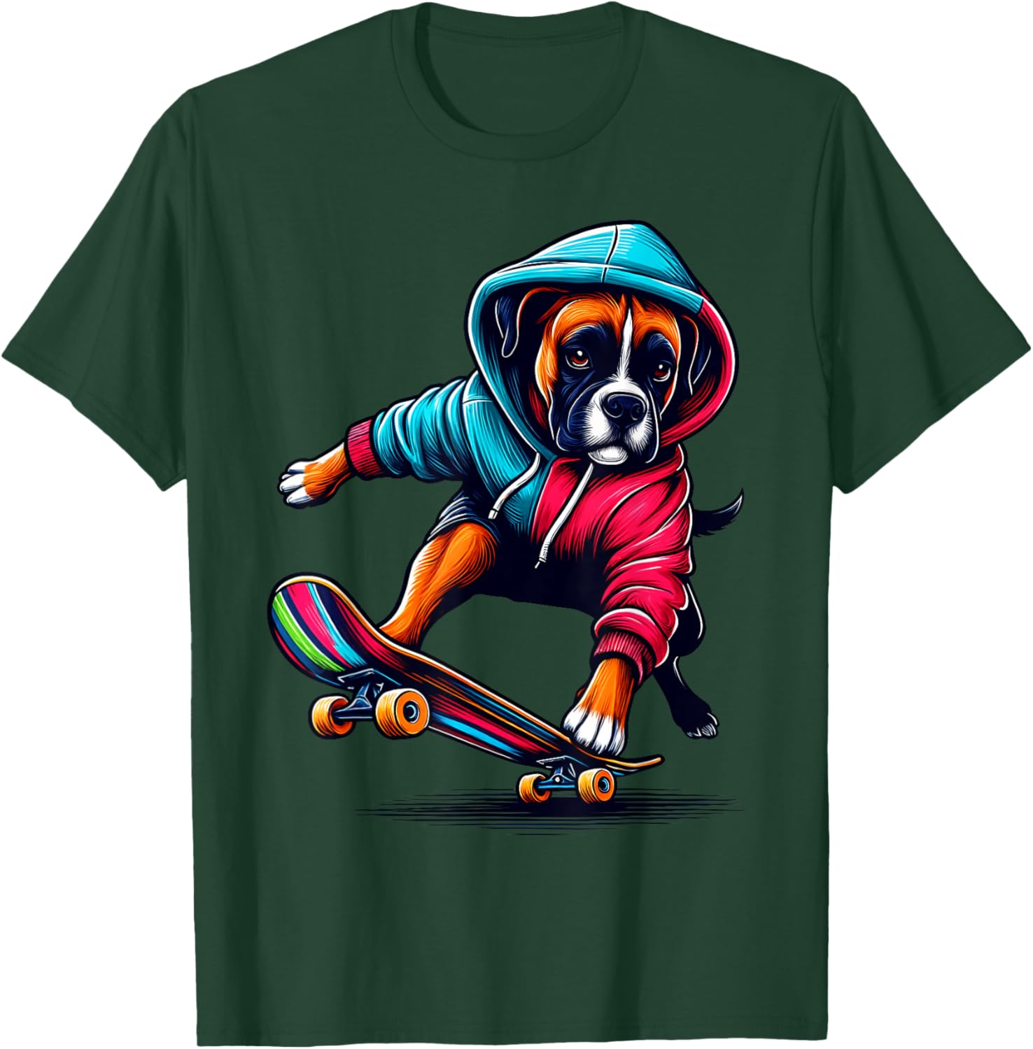 Cool Boxer Dog Skateboarding Illustration Art Men Women Girls Kids T-Shirt - T-Shirt | Forest
