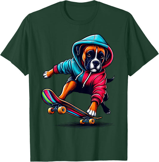 Cool Boxer Dog Skateboarding Illustration Art Men Women Girls Kids T-Shirt - T-Shirt | Forest