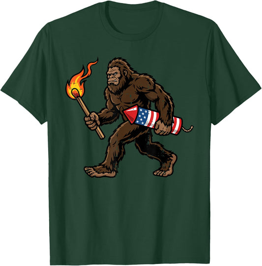 4th of July Bigfoot Torch Firecracker Sasquatch Men Women T-Shirt - T-Shirt | Forest
