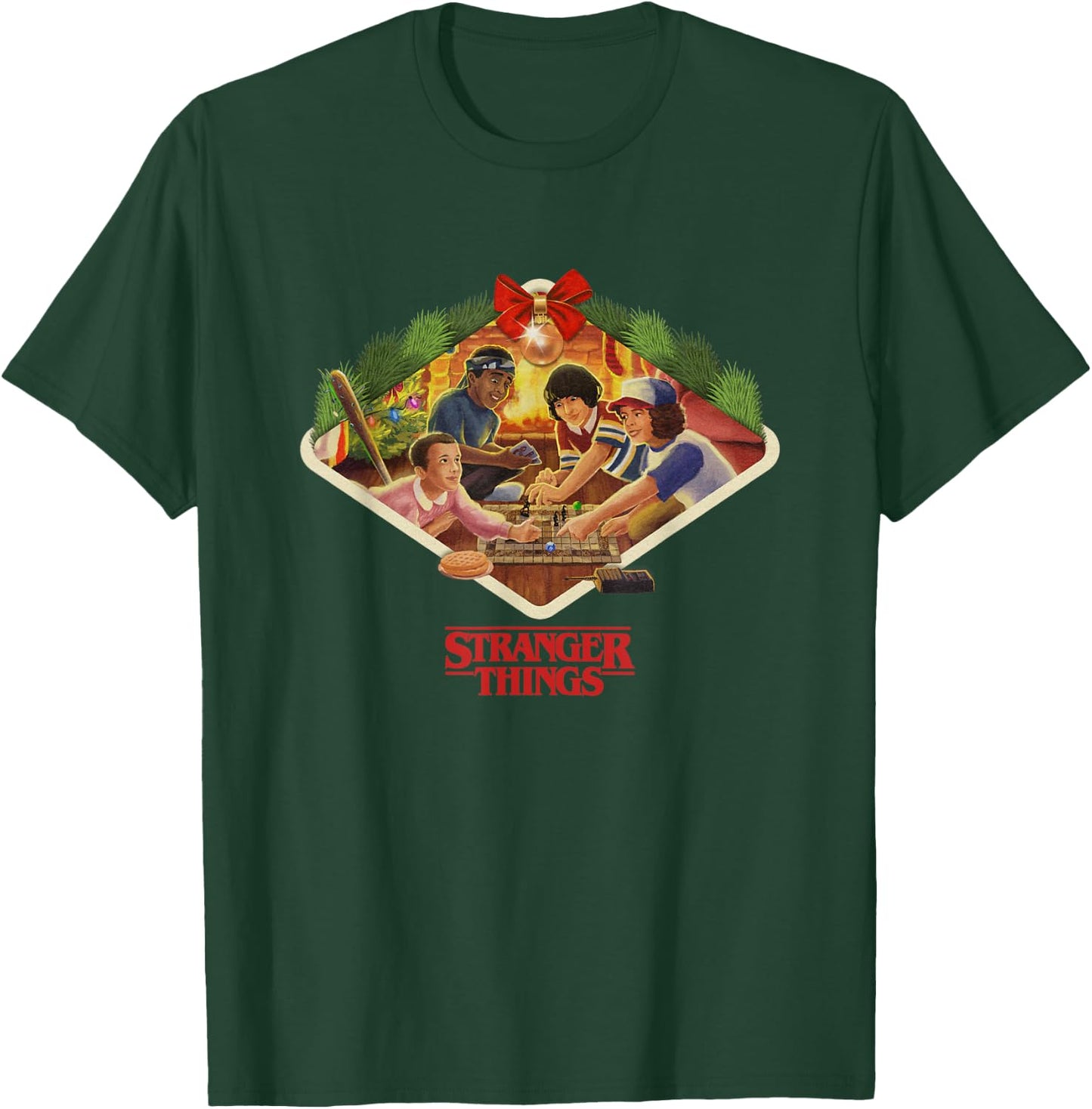 Stranger Things Christmas Main Characters Cozy Chest Frame T-Shirt - T-Shirt | Forest