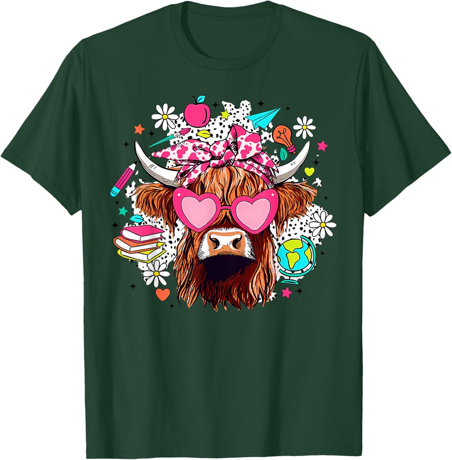 Retro Cute Highland Cow Teacher Bow Flower Heart Glasses T-Shirt - T-Shirt | Forest