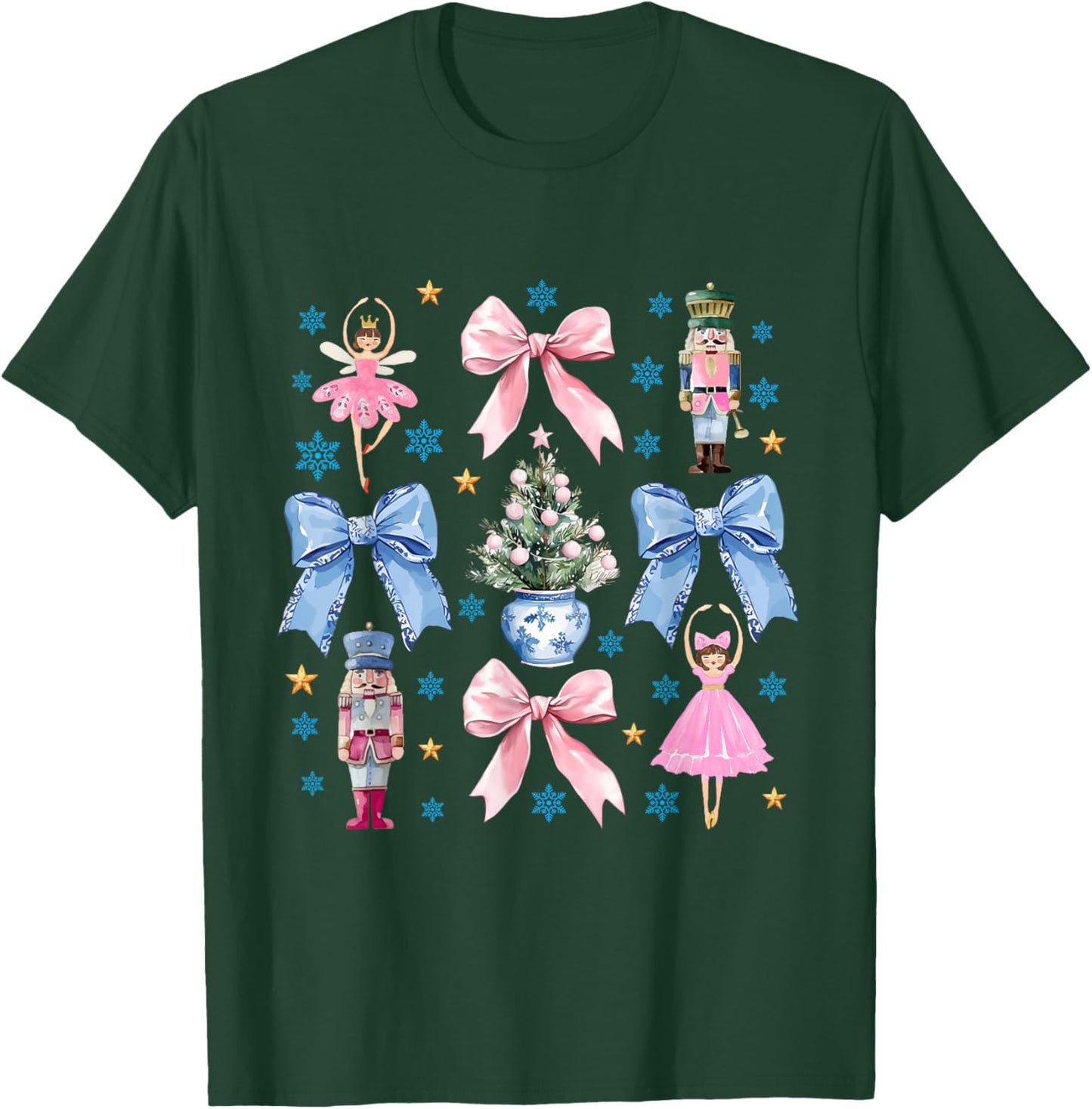 Coquette Pink Blue Bow Nutcracker Xmas Merry Christmas T-Shirt - T-Shirt | Forest