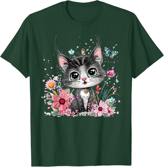 Cute Cat With Flowers I Kids Cat T-Shirt - T-Shirt | Forest