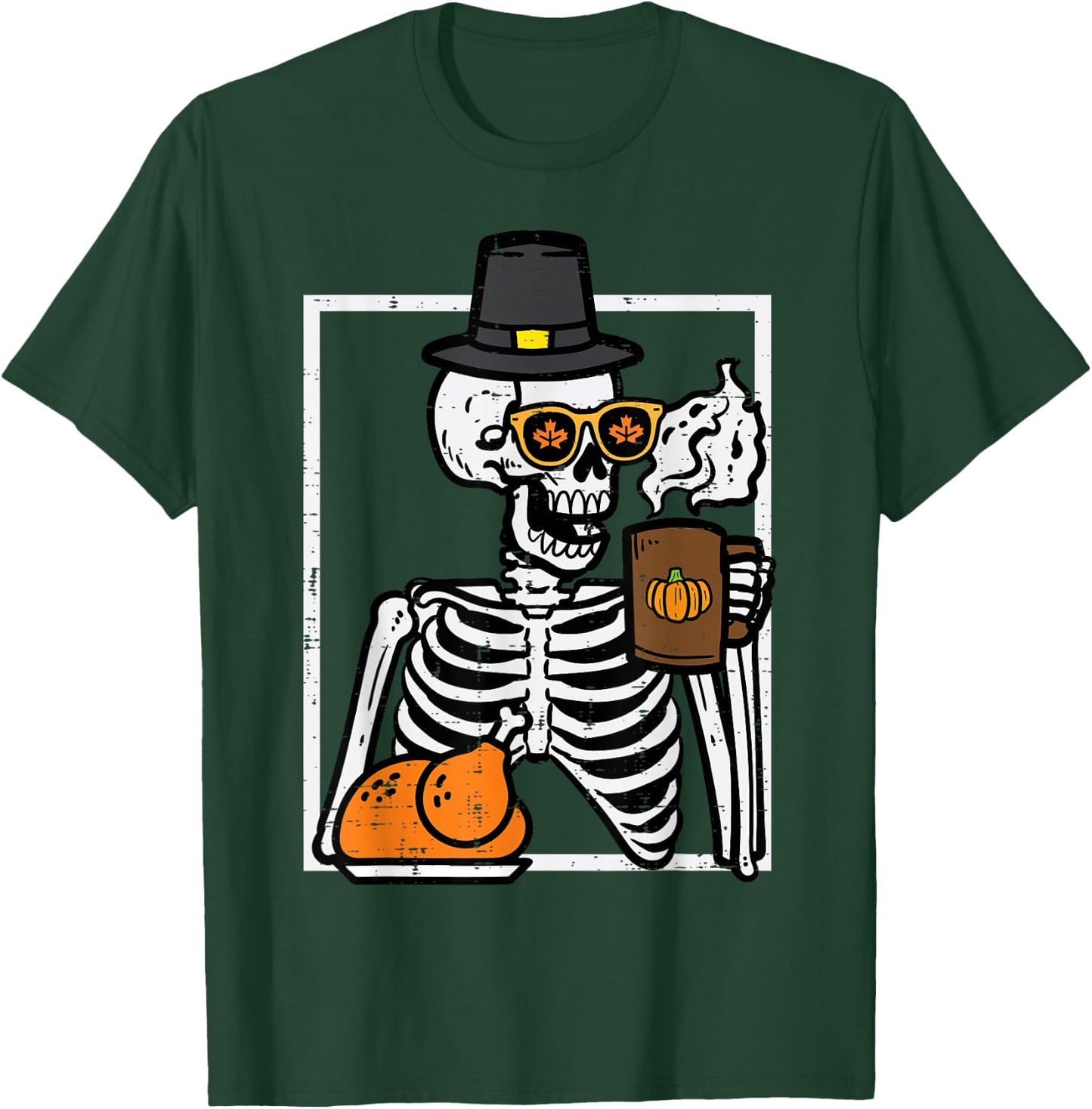 Thanksgiving Skeleton Coffee Funny Fall Men Women Kids T-Shirt - T-Shirt | Forest