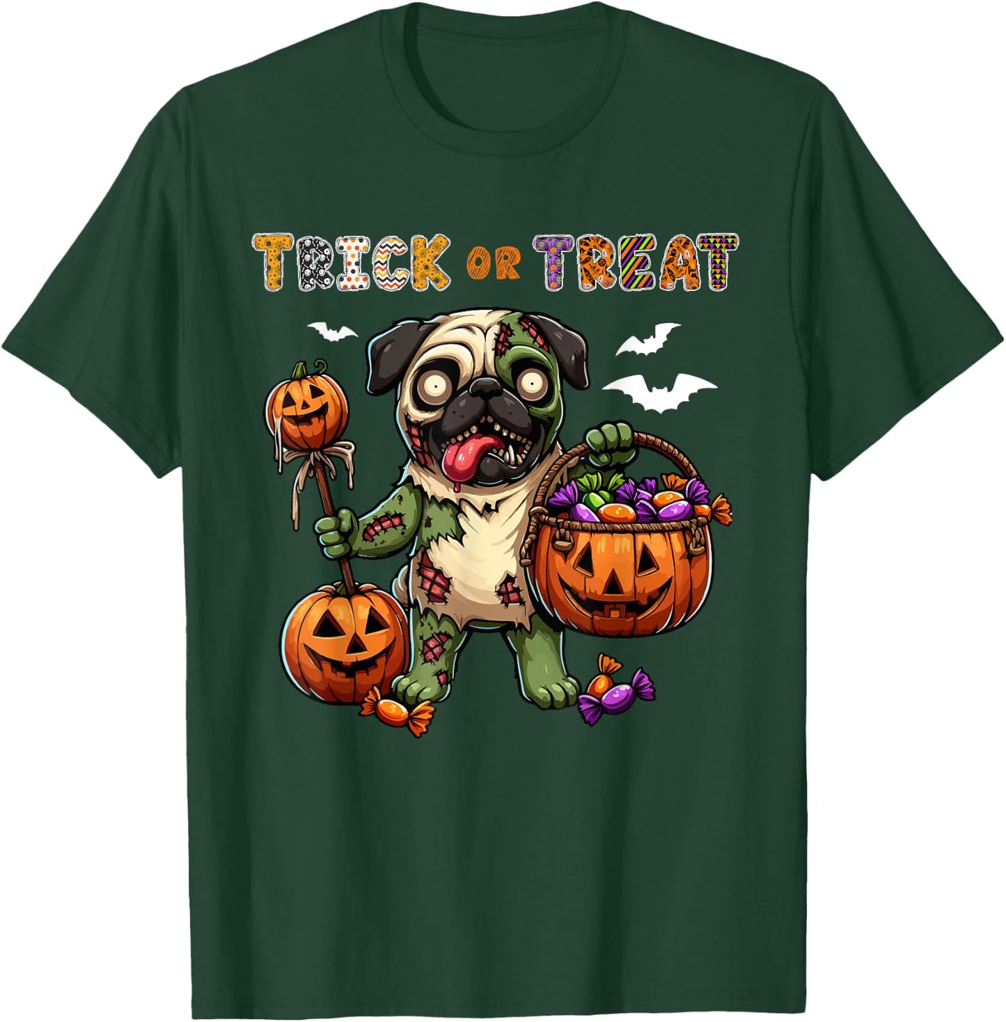 Trick Or Treat Costume Pug Horror Zombie Halloween Candies T-Shirt - T-Shirt | Forest