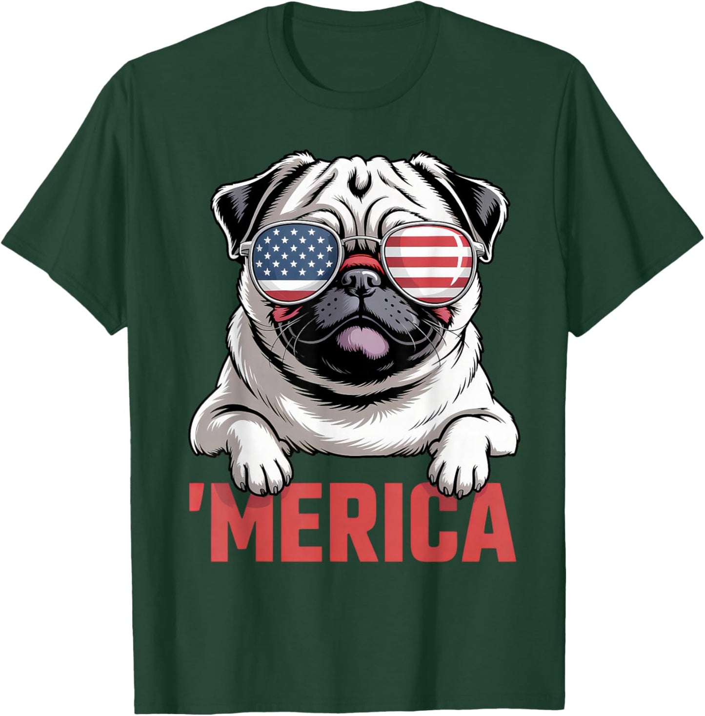 Merica Pug American Flag Patriotic USA Dog Lover Men Women T-Shirt - T-Shirt | Forest